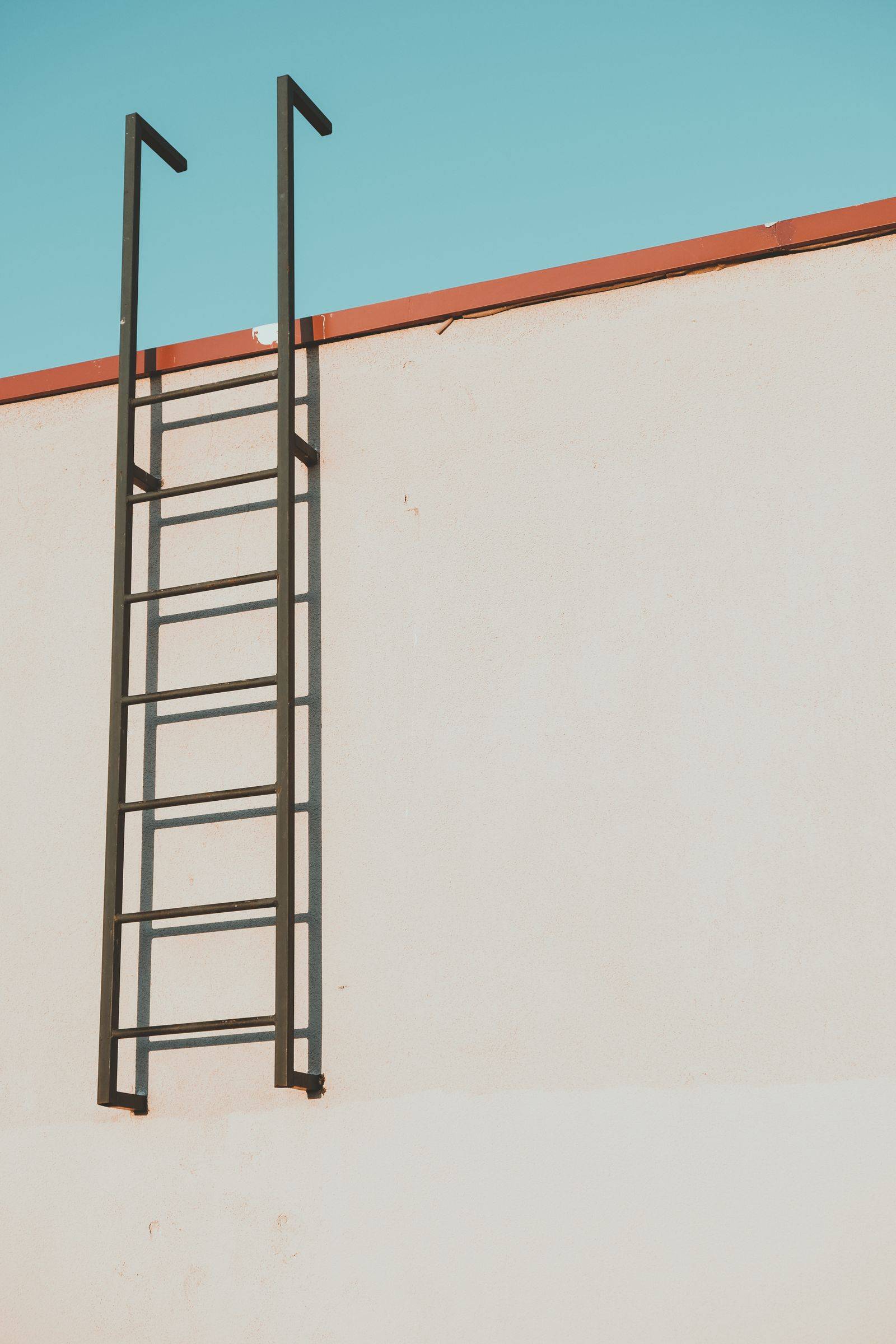 A tall metal ladder mounted against a building wall, reaching to the roofline