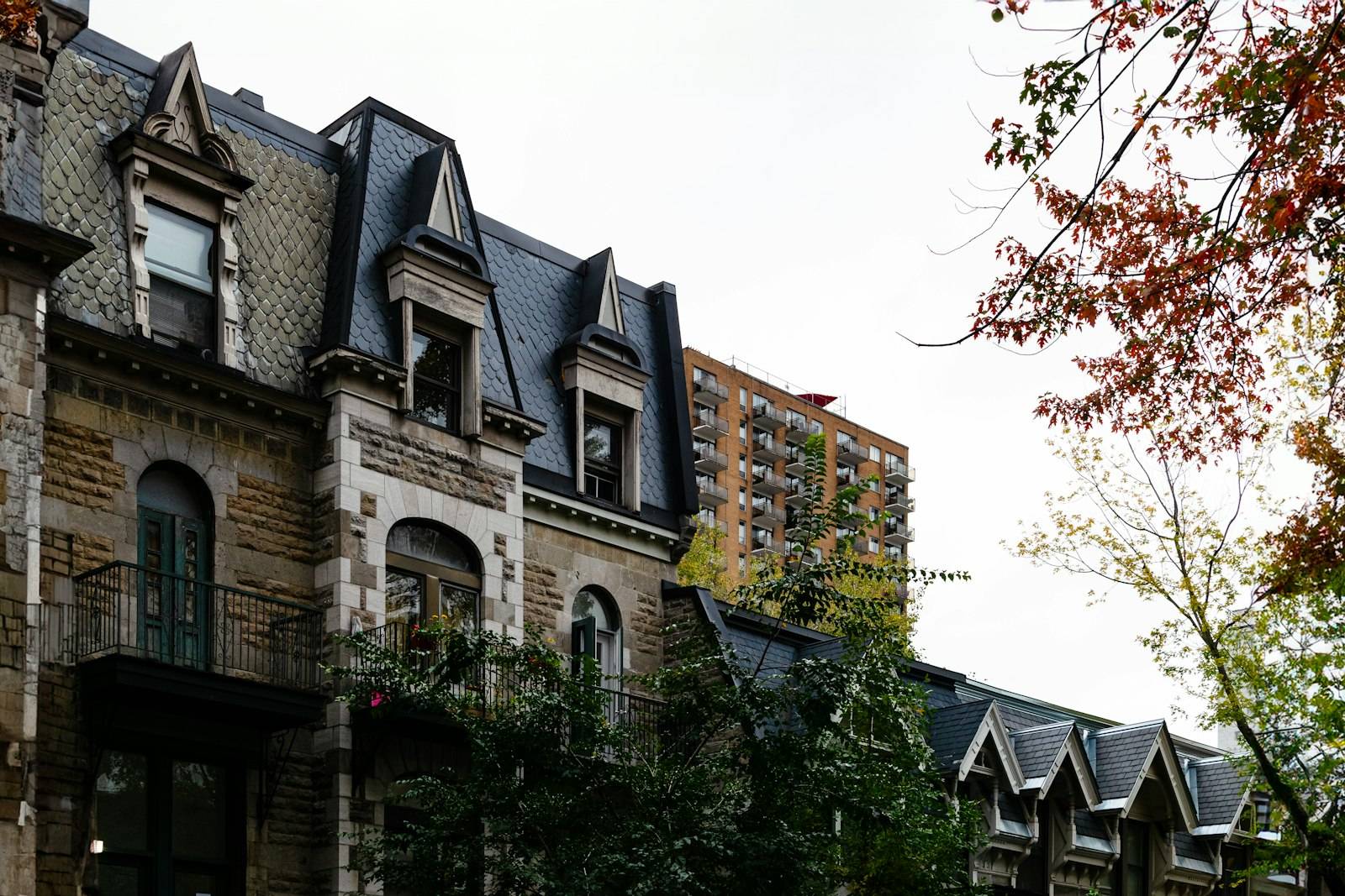 Grand stone row houses with mansard roofs and iron balconies in Montreal